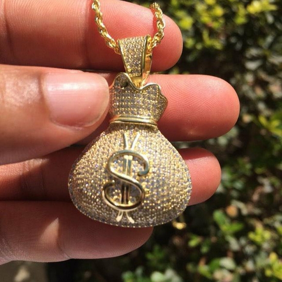 Iced Out Money Bag Gold - Solid 925 Sterling Silver - Picture 1 of 4